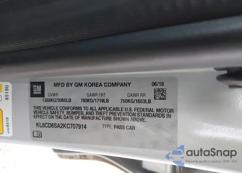 2019 Chevrolet Spark 1Lt Cvt из США, поврежденный, VIN KL8CD6SA2KC707914